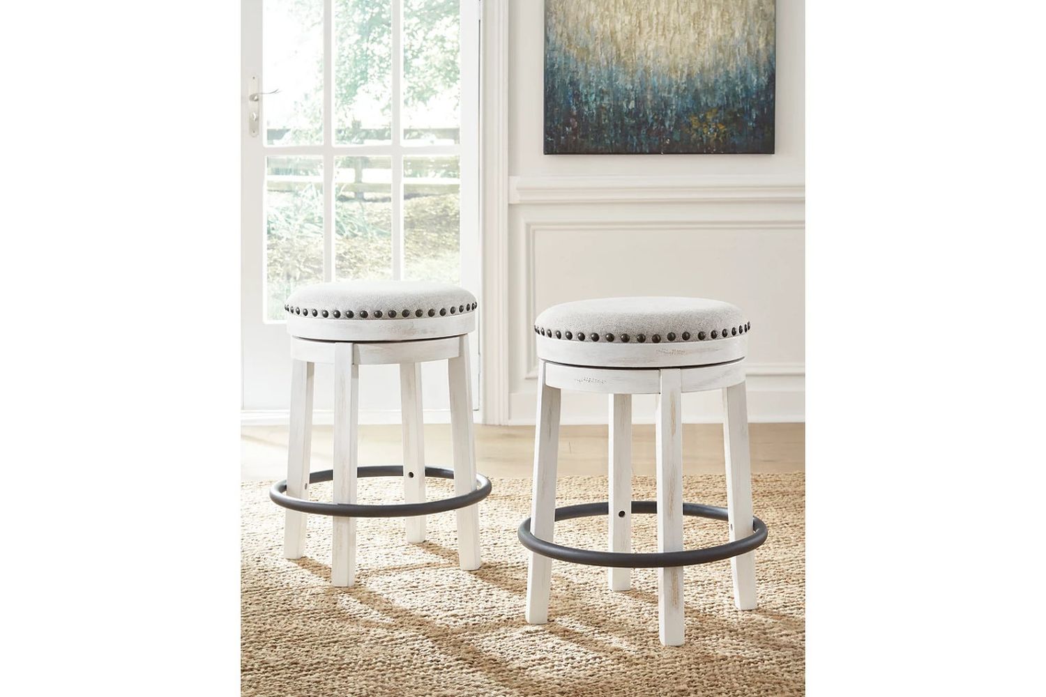 Valebeck Beige And White Swivel Counter Height Stool D546324