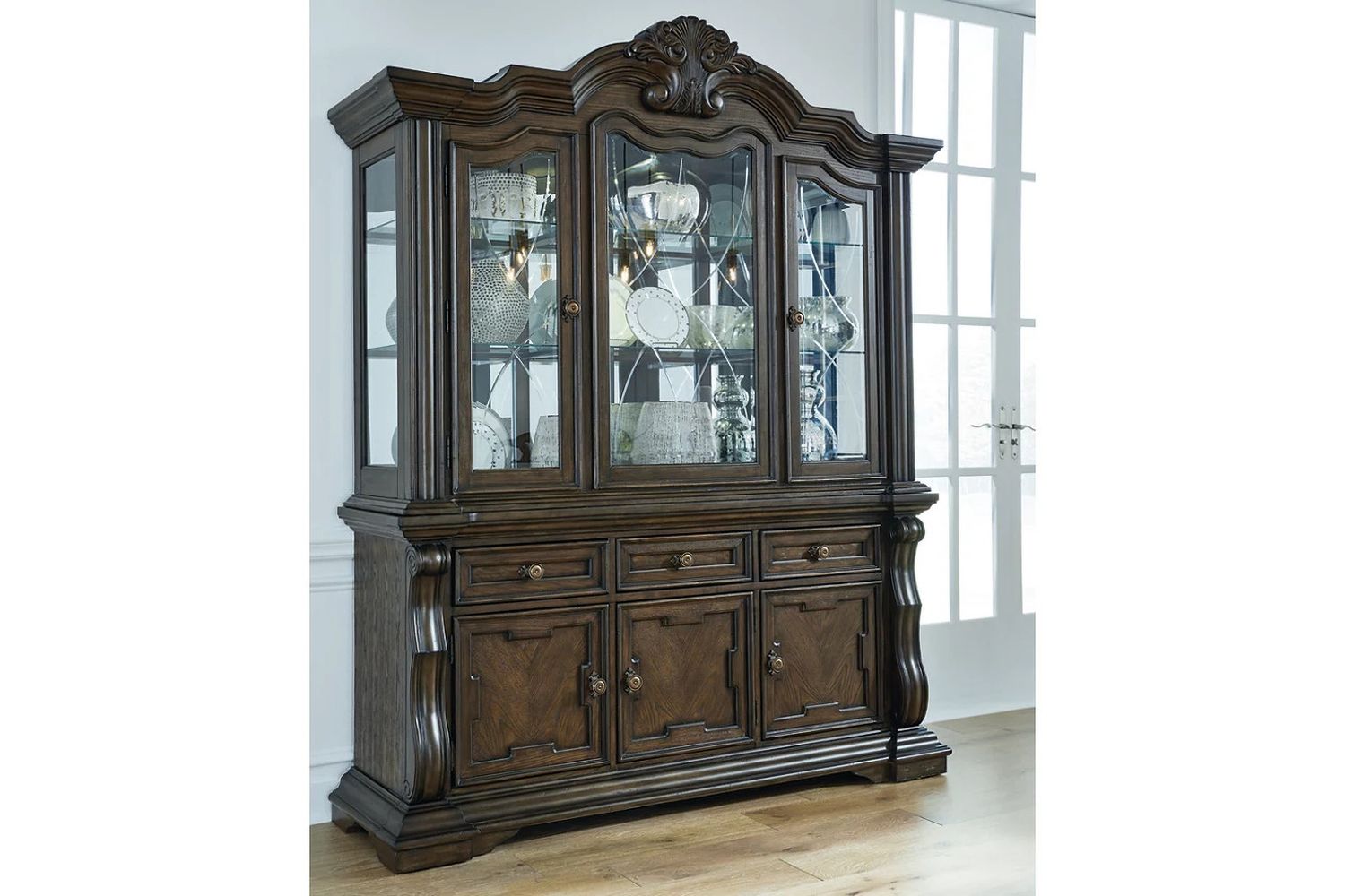 Maylee Dining Buffet and Hutch In Dark Brown D947D1