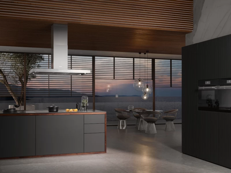 Island décor hood with energy-efficient LED lighting and backlit controls for easy use. DA4248VDPURISTICVARIA
