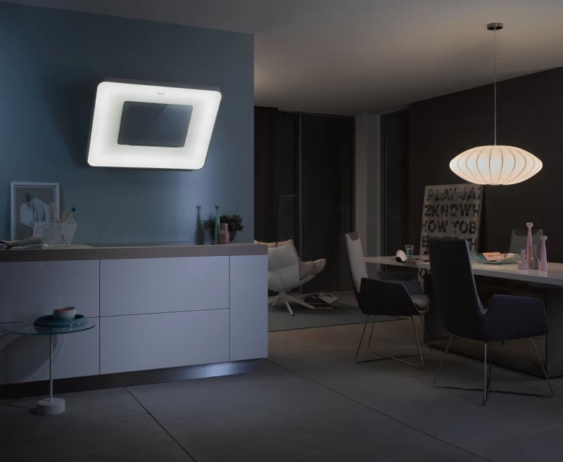 Wall ventilation hood with dimmable ambient lighting for a unique lighting mood in your kitchen. DA6996WPEARL