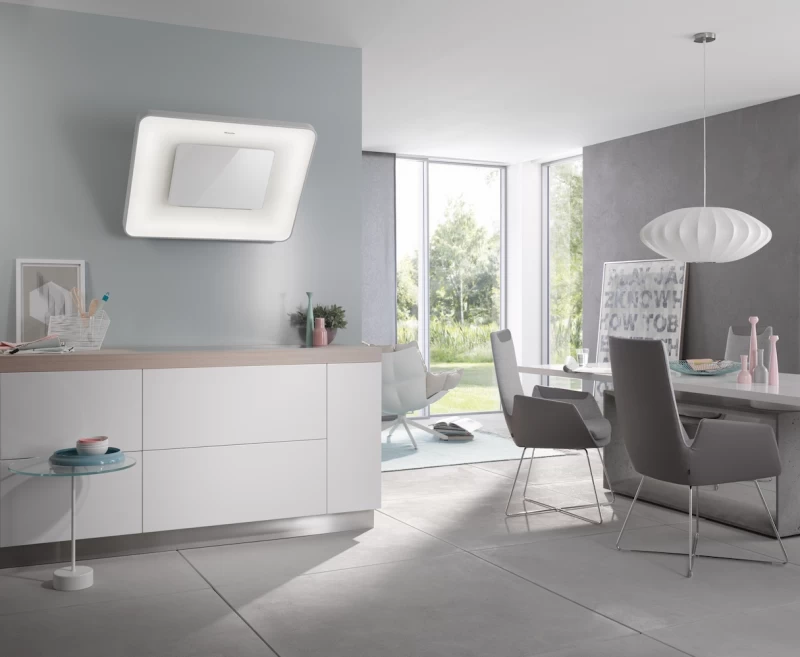 Wall ventilation hood with dimmable ambient lighting for a unique lighting mood in your kitchen. DA6996WPEARL