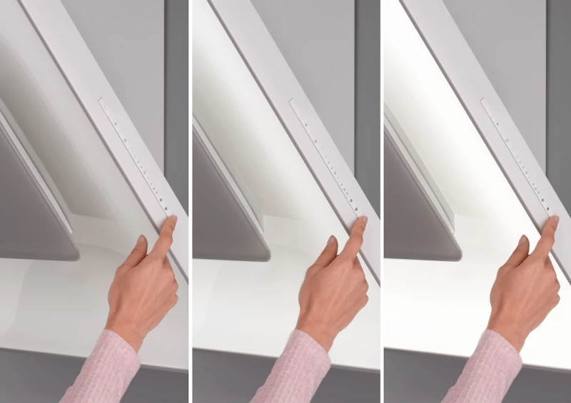 Wall ventilation hood with dimmable ambient lighting for a unique lighting mood in your kitchen. DA6996WPEARL