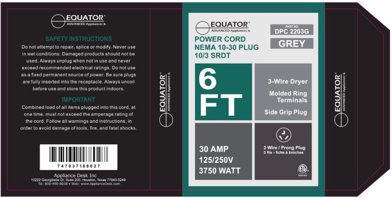 30A 6 ft 3-Prong Dryer Power Cord Grey DPC2203G