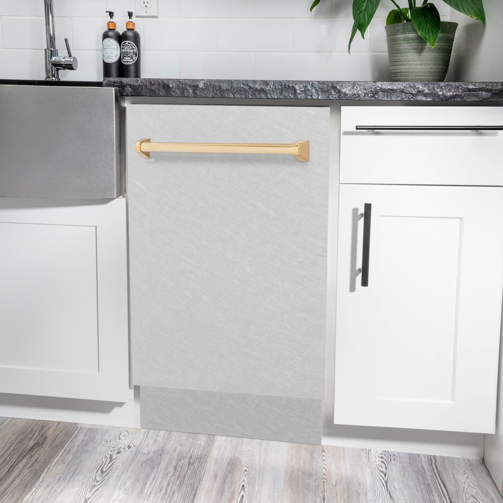 Autograph Edition 18 In. Tallac Series 3rd Rack Top Control Built-in Dishwasher With Satin Stainless Steel Panel And Polished Gold Handle, 51dba DWVZSN18G