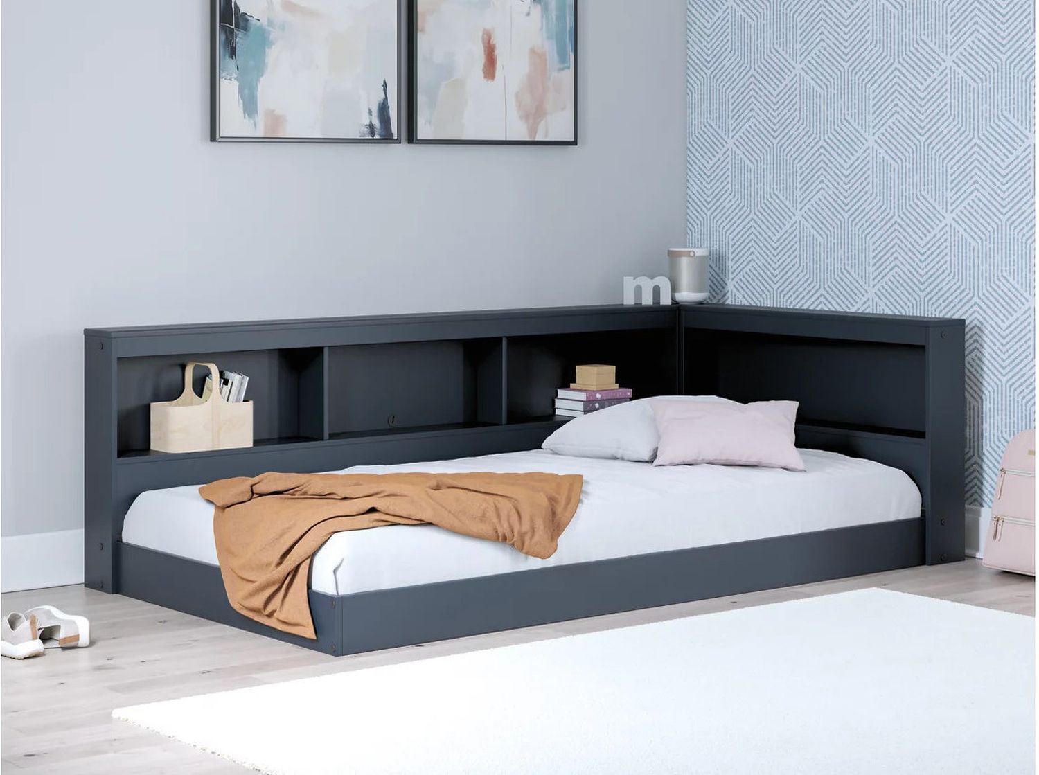 Simmenfort Twin Bookcase Storage Bed In Navy Blue EB1528B3