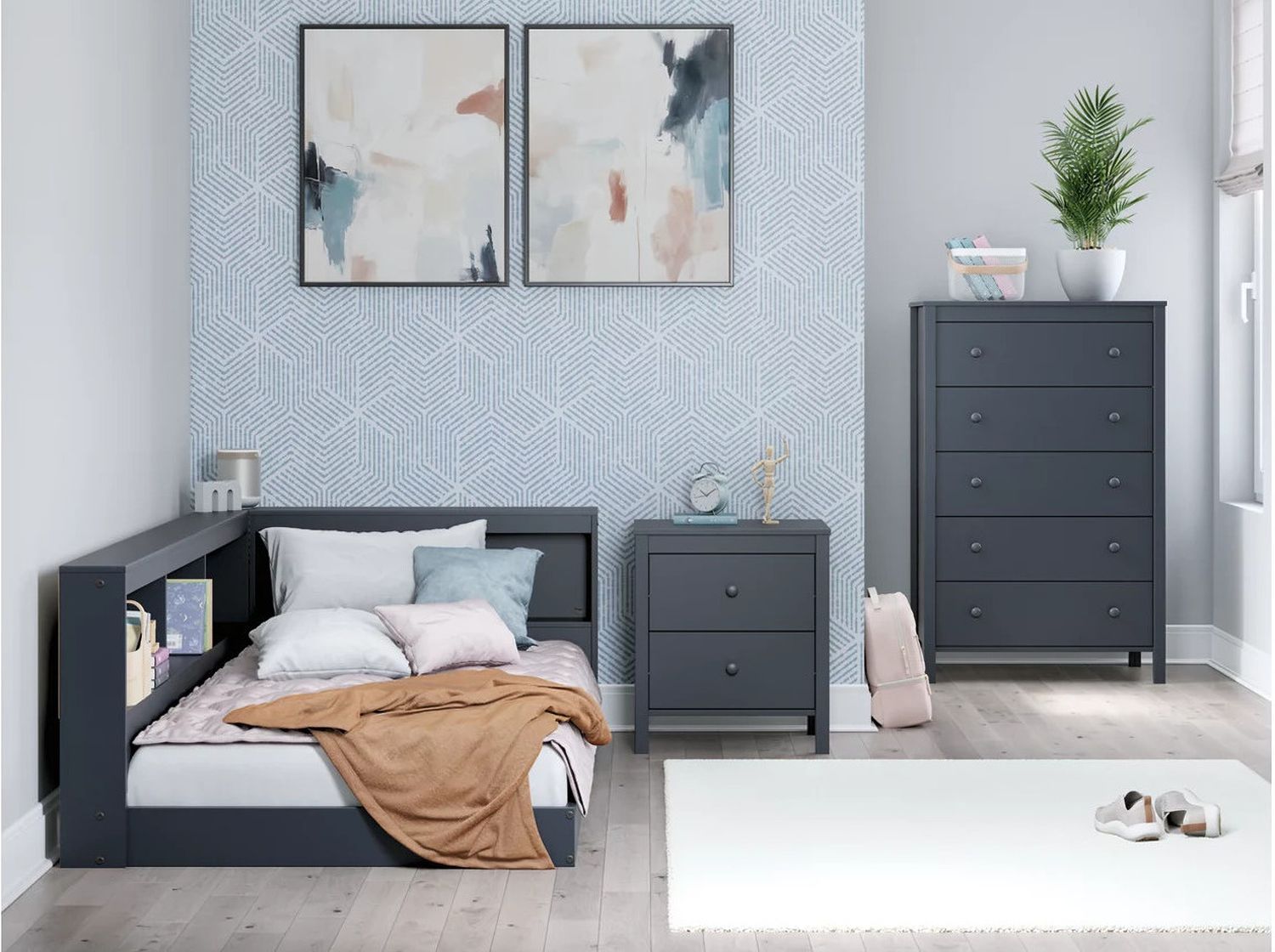 Simmenfort Twin Bookcase Storage Bed In Navy Blue EB1528B3
