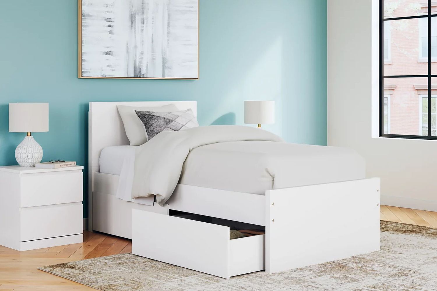 Onita Twin Panel Platform Bed with 1 Side Storage In White EB9630B10