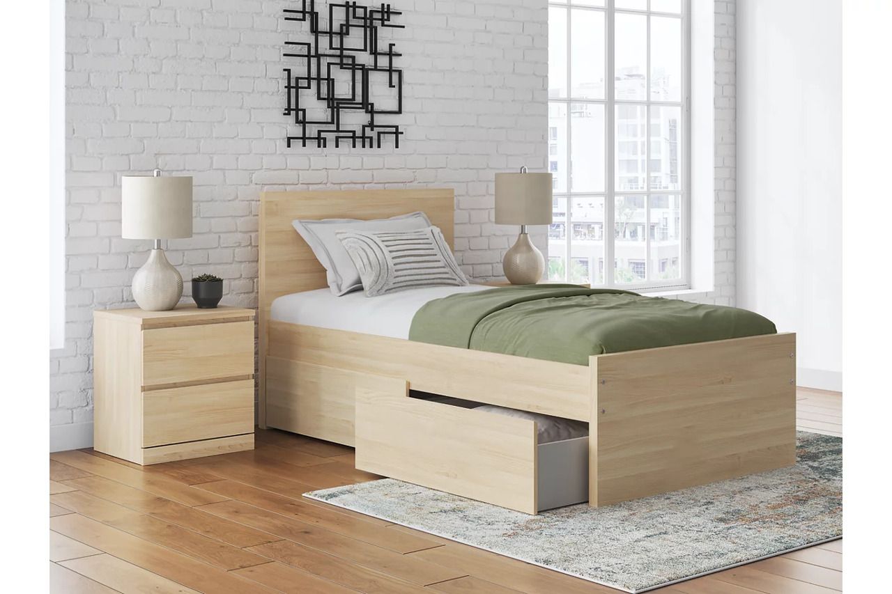 Onita Twin Panel Platform Bed with 1 Side Storage In Natural EB9632B10