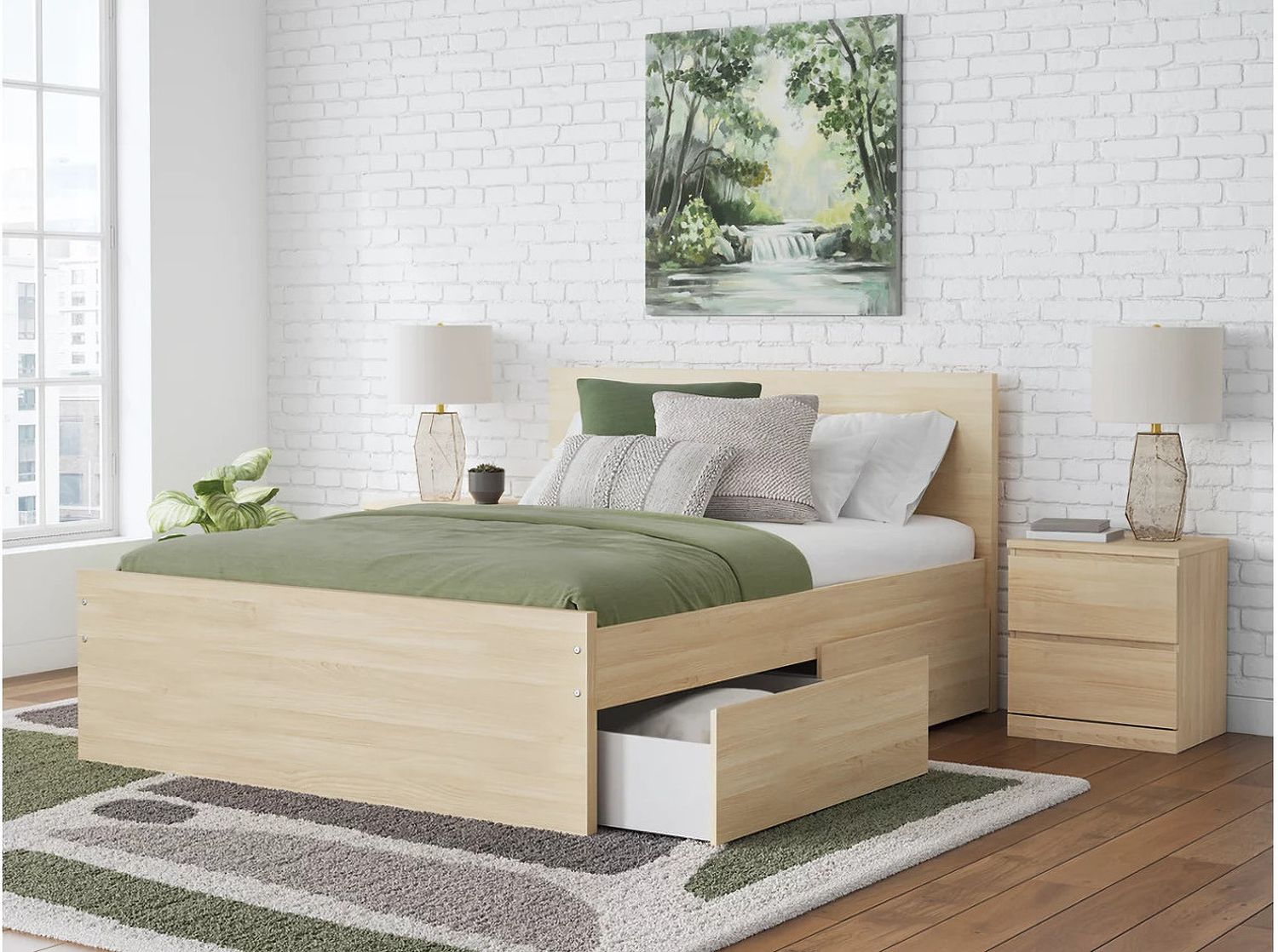 Onita Full Panel Platform Bed with 2 Side Storage In Natural EB9632B17