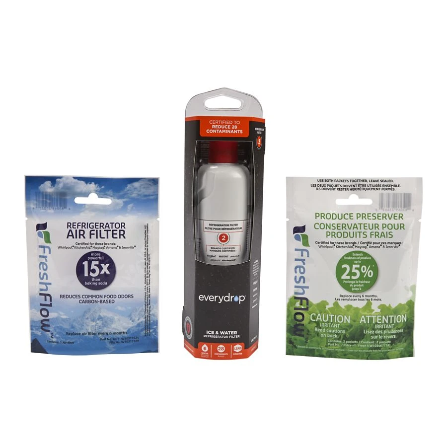 Everydrop® Refrigerator Water Filter 2 - EDR2RXD1 (Pack Of 1) + Refrigerator FreshFlow™ Air Filter + FreshFlow Produce Preserver Refill EDR2RXVR6