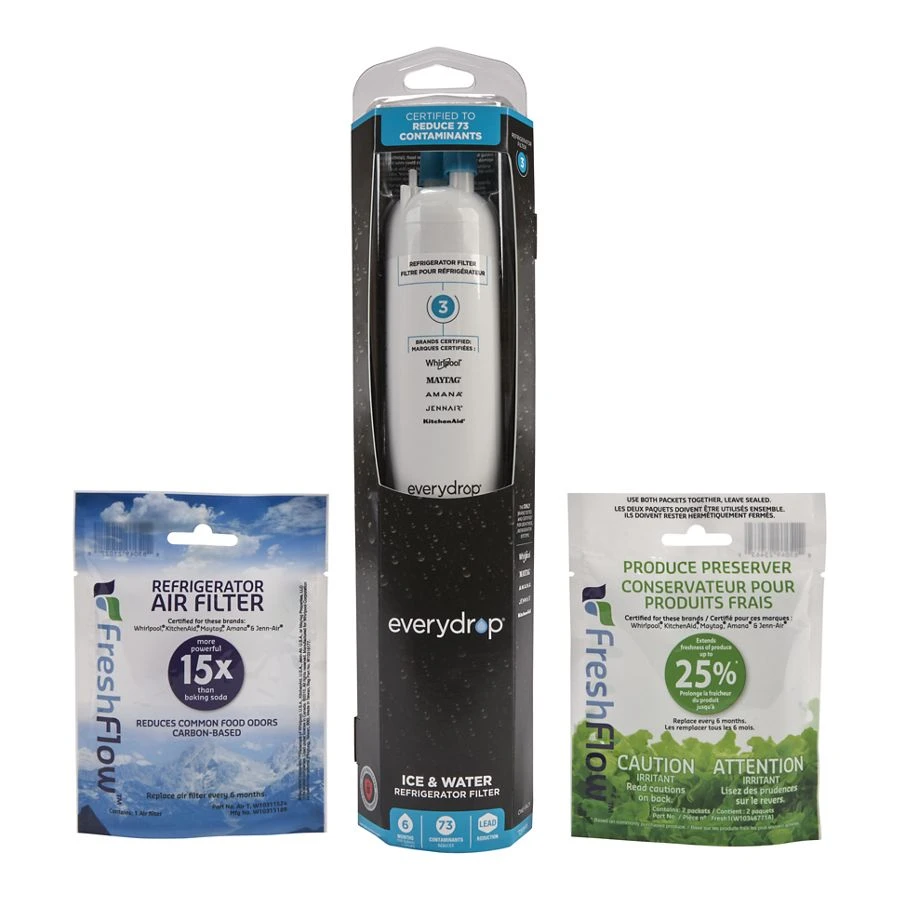 Everydrop® Refrigerator Water Filter 3 - EDR3RXD1 (Pack Of 1) + Refrigerator FreshFlow™ Air Filter + FreshFlow Produce Preserver Refill EDR3RXVR6
