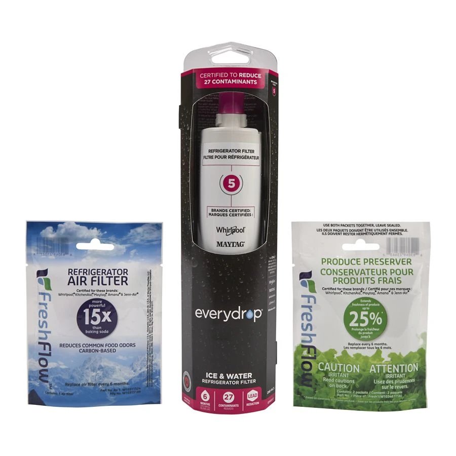 Everydrop® Refrigerator Water Filter 5 - EDR5RXD1 (Pack Of 1) + Refrigerator FreshFlow™ Air Filter + FreshFlow Produce Preserver Refill EDR5RXVR6