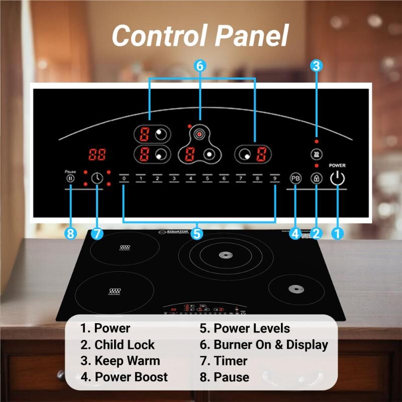 30 inch Electric Hybrid CERAMIC-INDUCTION 4 Burner Cooktop 9 Power 220V EHC30422, product image 3 of 18