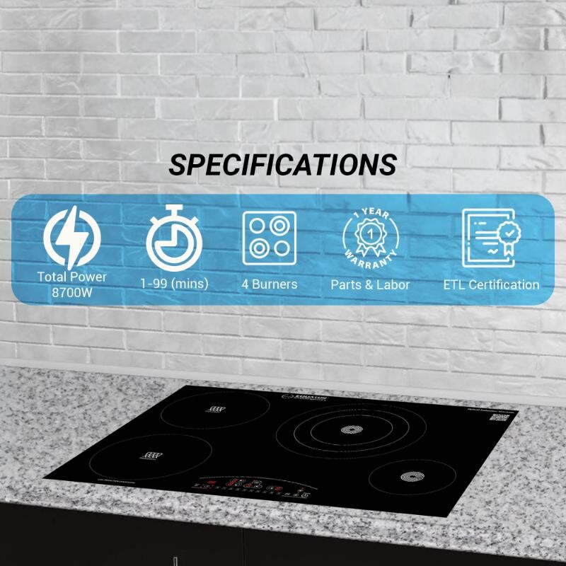 30 inch Electric Hybrid CERAMIC-INDUCTION 4 Burner Cooktop 9 Power 220V EHC30422, product image 4 of 18
