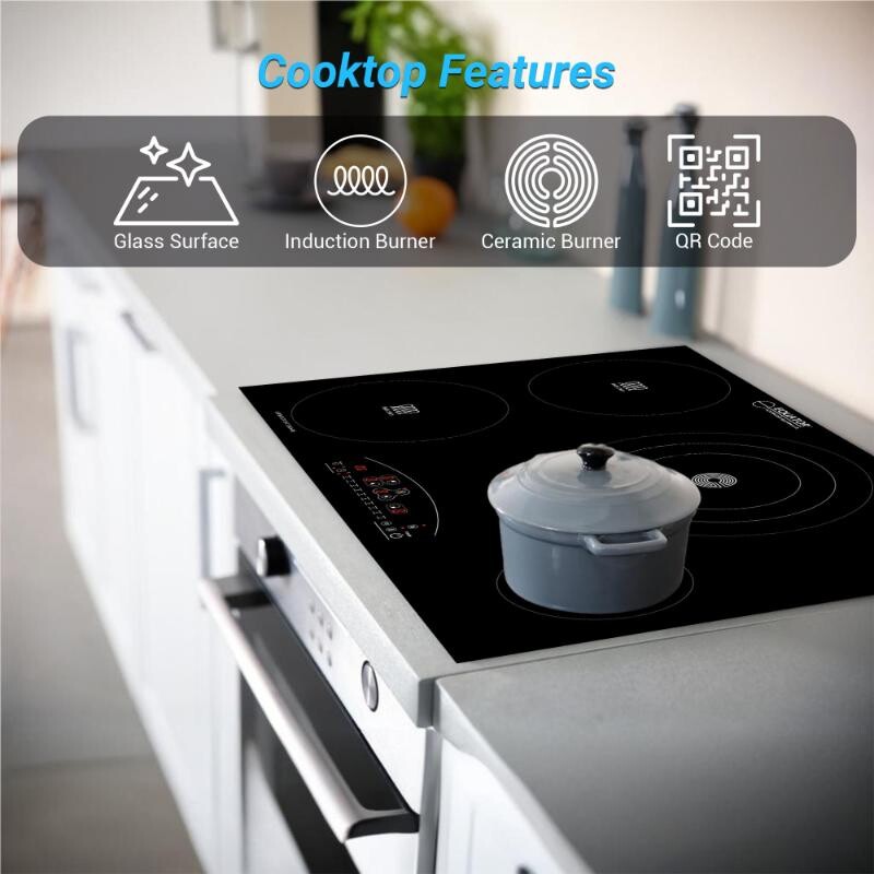 30 inch Electric Hybrid CERAMIC-INDUCTION 4 Burner Cooktop 9 Power 220V EHC30422, product image 5 of 18