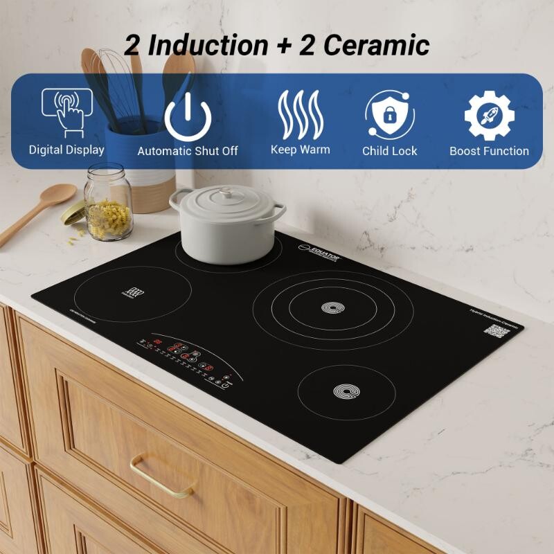 30 inch Electric Hybrid CERAMIC-INDUCTION 4 Burner Cooktop 9 Power 220V EHC30422, product image 6 of 18