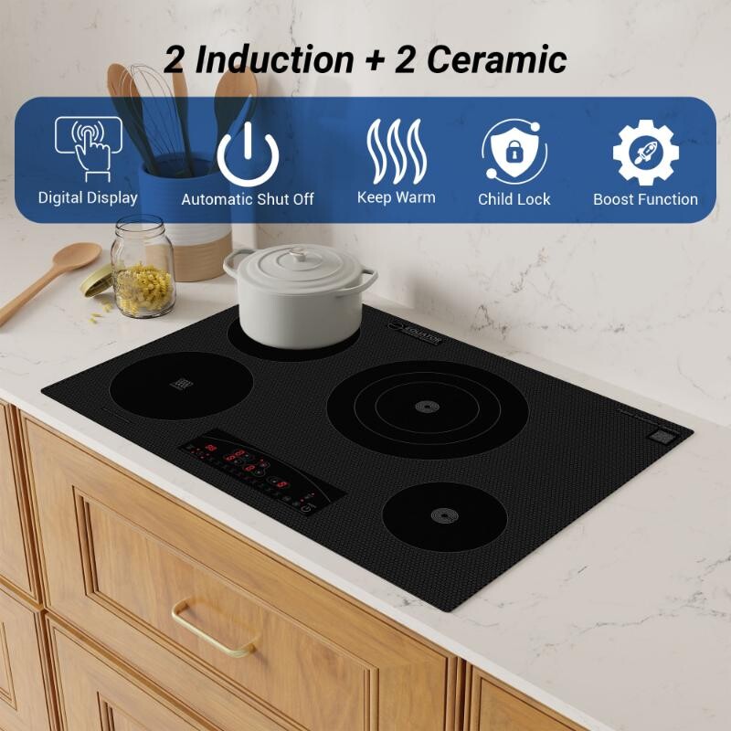 30 inch Electric Hybrid CERAMIC-INDUCTION 4 Burner Cooktop Design 220V EHC30422ED, product image 7 of 21