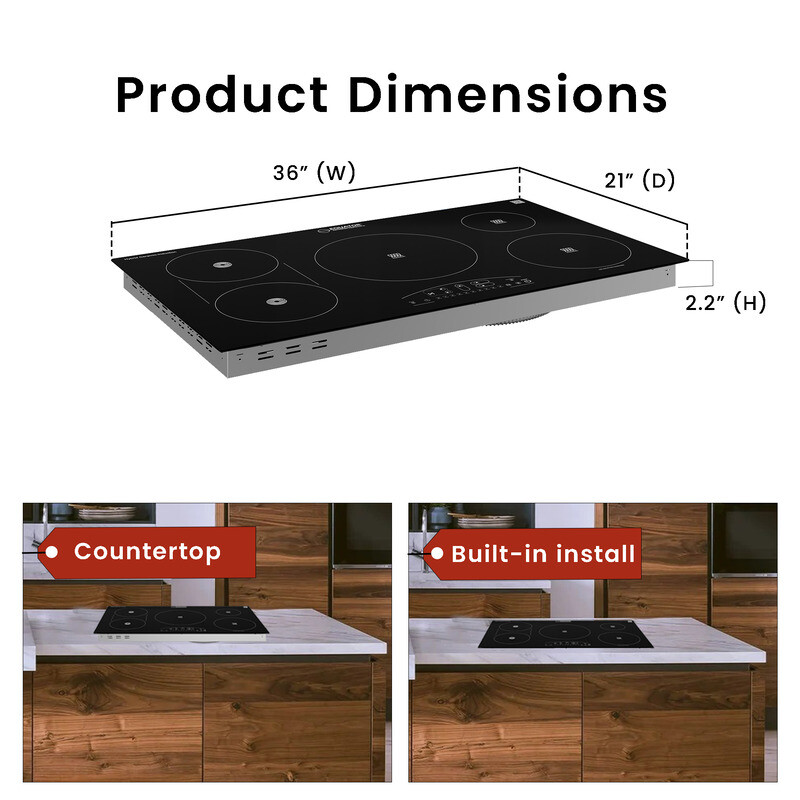 36 inch Electric Hybrid CERAMIC-INDUCTION 5 Burner Cooktop 220V EHC36532, product image 9 of 14