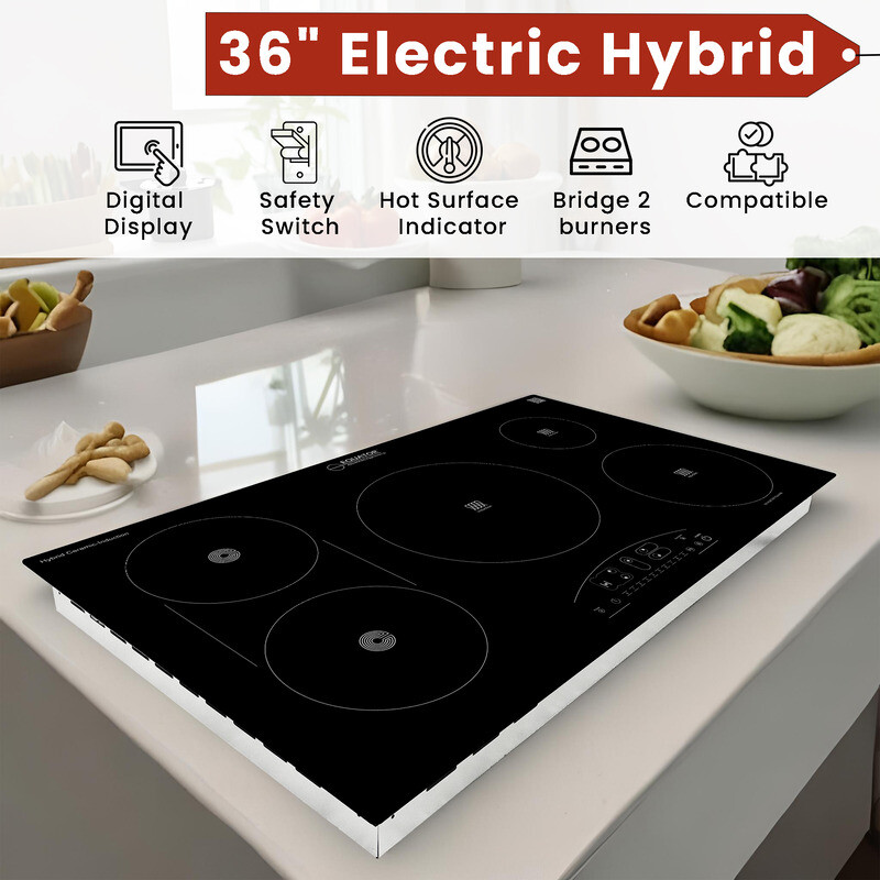 36 inch Electric Hybrid CERAMIC-INDUCTION 5 Burner Cooktop 220V EHC36532, product image 11 of 14