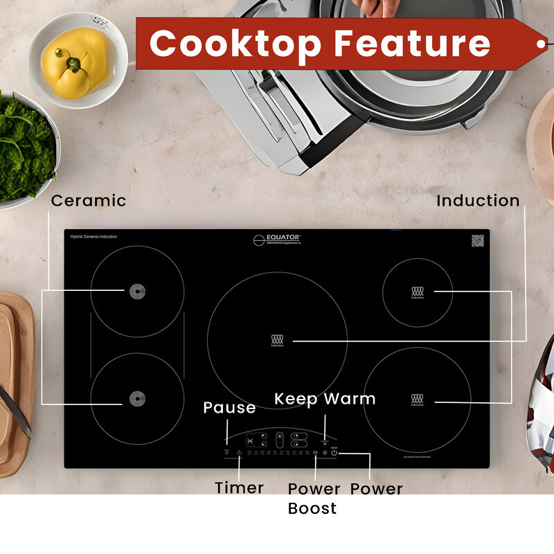 36 inch Electric Hybrid CERAMIC-INDUCTION 5 Burner Cooktop 220V EHC36532, product image 12 of 14