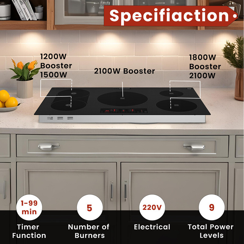 Design 36 inch Electric Hybrid CERAMIC-INDUCTION 5 Burner Cooktop 220V EHC36532ED, product image 10 of 14