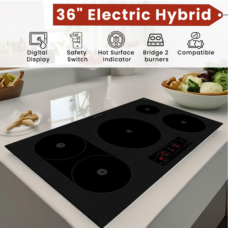 Design 36 inch Electric Hybrid CERAMIC-INDUCTION 5 Burner Cooktop 220V EHC36532ED, product image 11 of 14