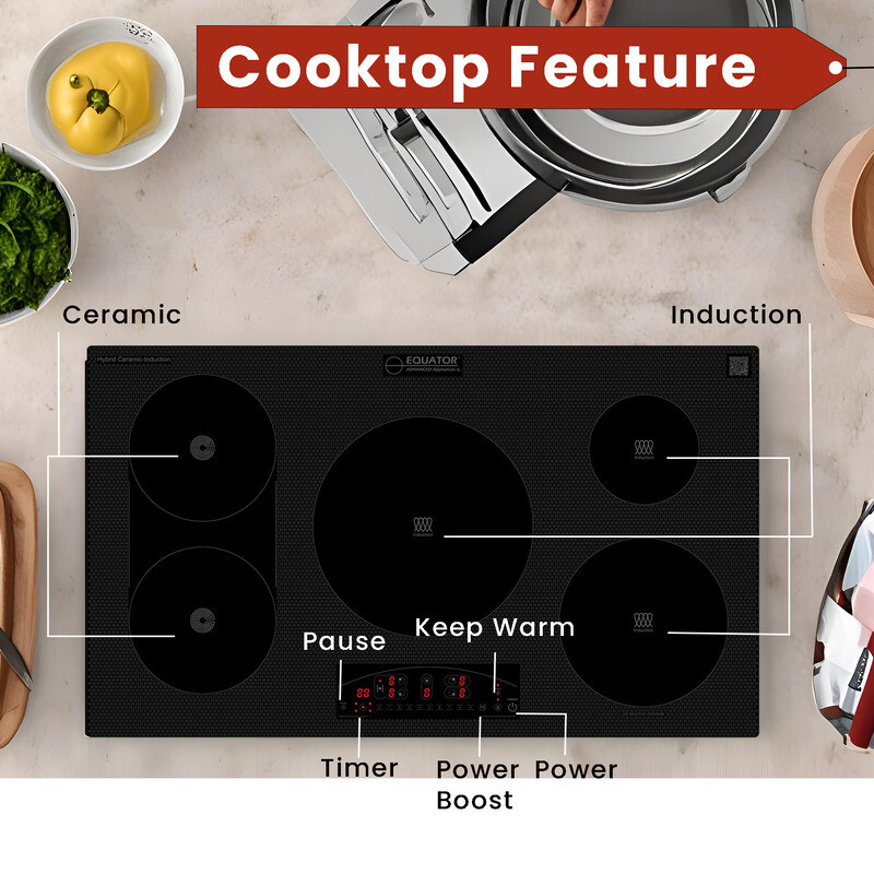 Design 36 inch Electric Hybrid CERAMIC-INDUCTION 5 Burner Cooktop 220V EHC36532ED, product image 12 of 14