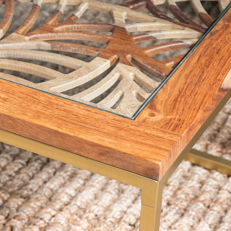 Adagio Rectangular Laser Cut Acacia and Iron Cocktail Table EVFNR1179GD