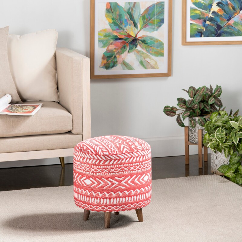 Halvorson Round Red Upholstered and Mango Foot Stool Ottoman EVFNR1209