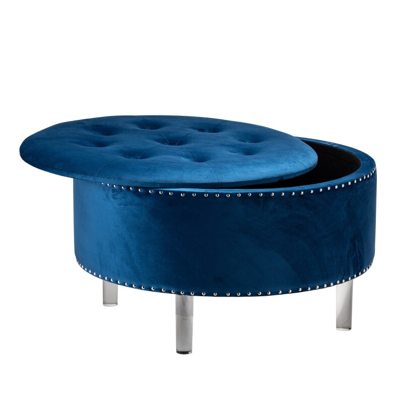 Natalia Round Blue Velvet Storage Ottoman EVFZR3147BU