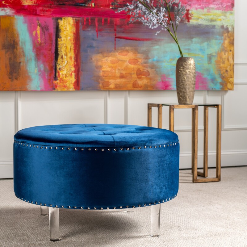 Natalia Round Blue Velvet Storage Ottoman EVFZR3147BU