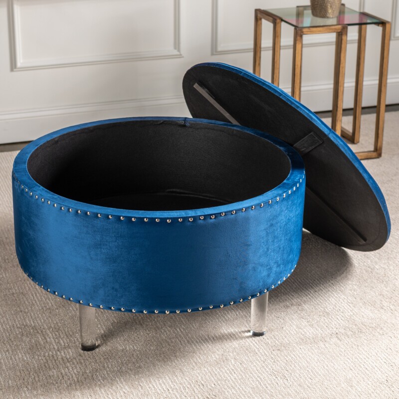 Natalia Round Blue Velvet Storage Ottoman EVFZR3147BU