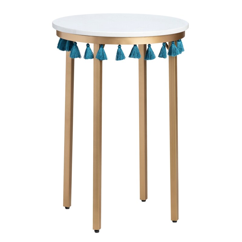 Saffron Round Marble Accent Table w/ Teal Blue Tassels EVFZR3303BL