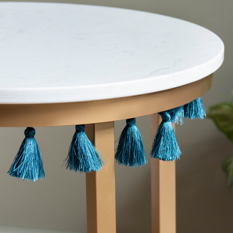 Saffron Round Marble Accent Table w/ Teal Blue Tassels EVFZR3303BL