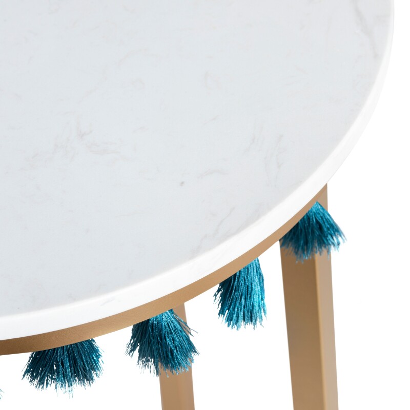 Saffron Round Marble Accent Table w/ Teal Blue Tassels EVFZR3303BL