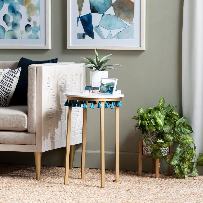 Saffron Round Marble Accent Table w/ Teal Blue Tassels EVFZR3303BL