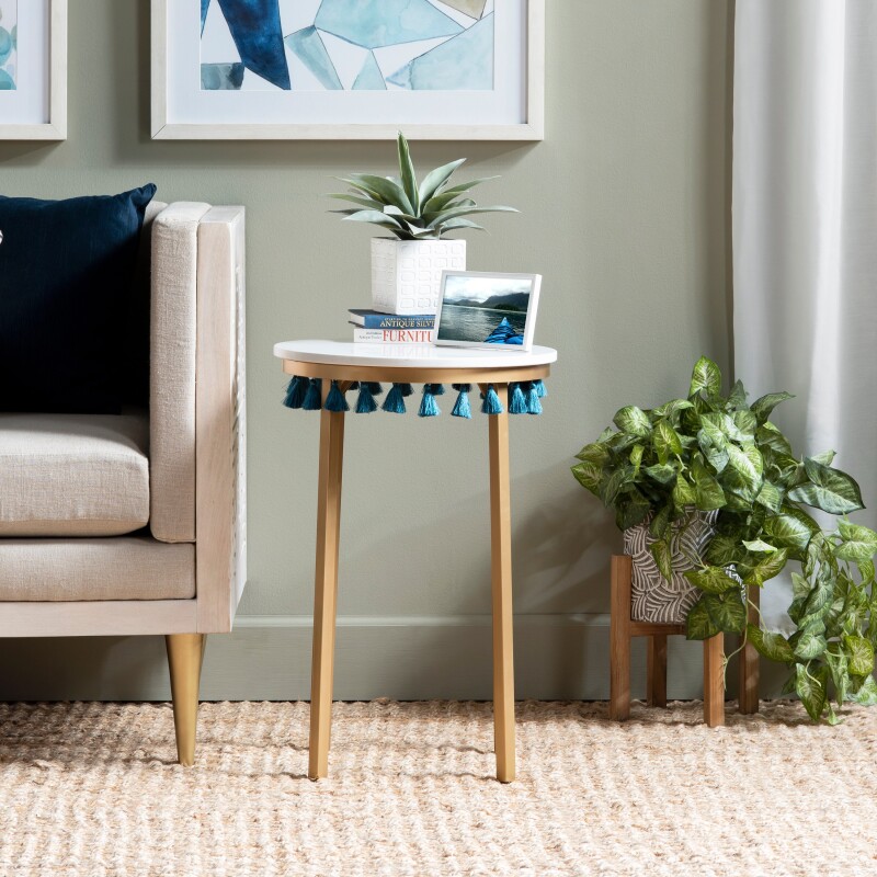 Saffron Round Marble Accent Table w/ Teal Blue Tassels EVFZR3303BL