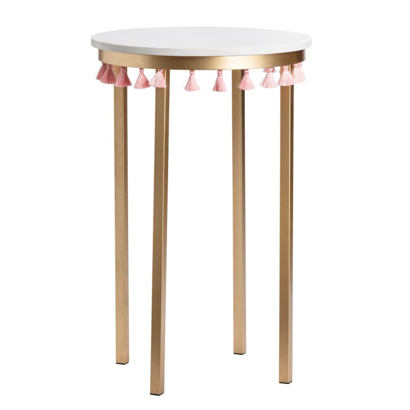 Saffron Round Marble Accent Table w/ Pink Tassels EVFZR3303PI