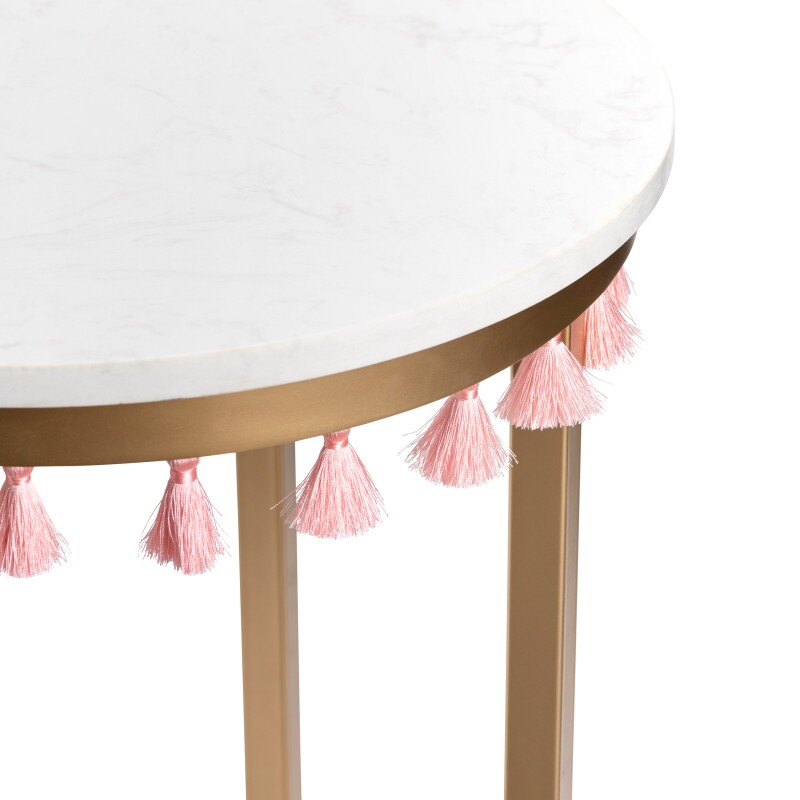 Saffron Round Marble Accent Table w/ Pink Tassels EVFZR3303PI