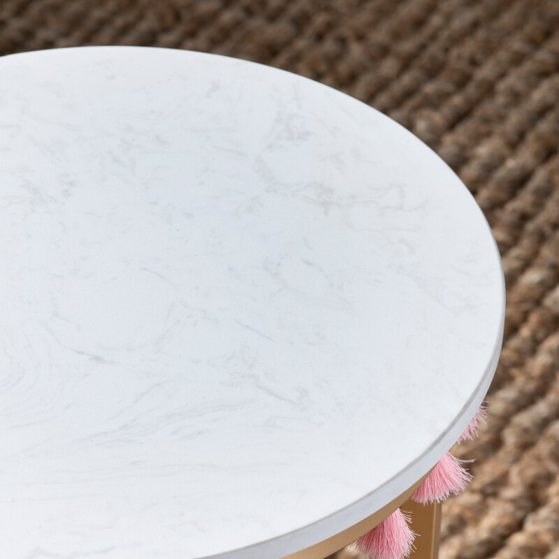 Saffron Round Marble Accent Table w/ Pink Tassels EVFZR3303PI