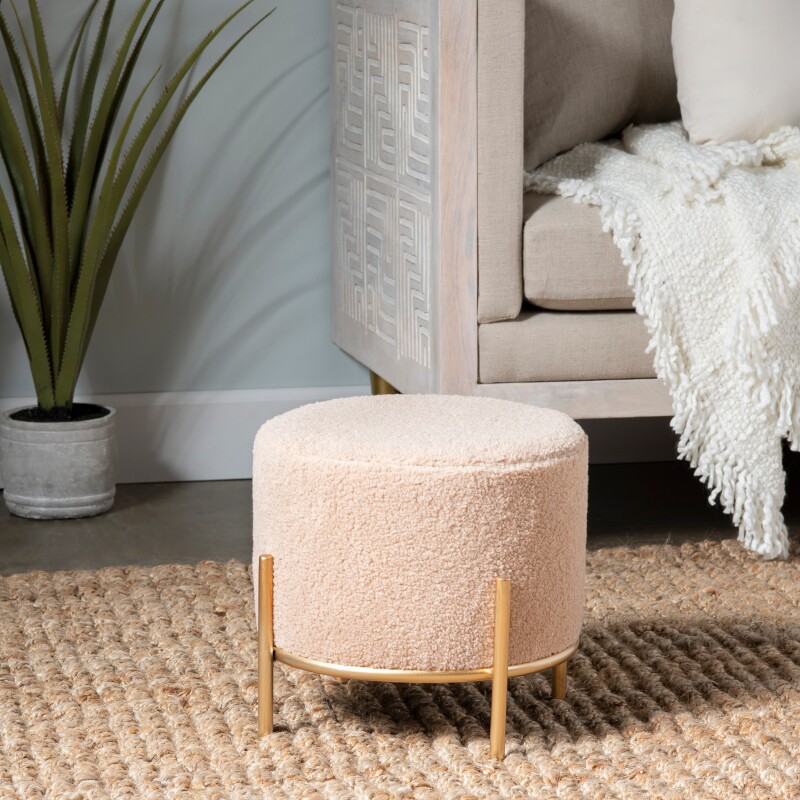 Zanella Round Cream Upholstered Sherpa Foot Stool Ottoman EVFZR3313CRM