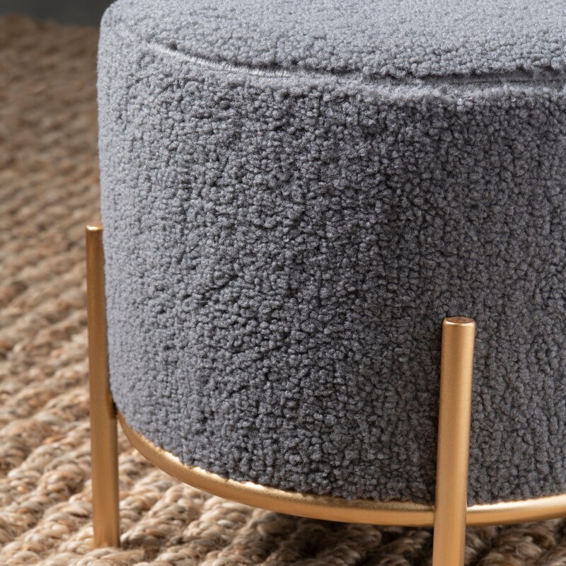 Zanella Round Gray Upholstered Sherpa Foot Stool Ottoman EVFZR3313GRY