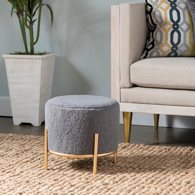 Zanella Round Gray Upholstered Sherpa Foot Stool Ottoman EVFZR3313GRY