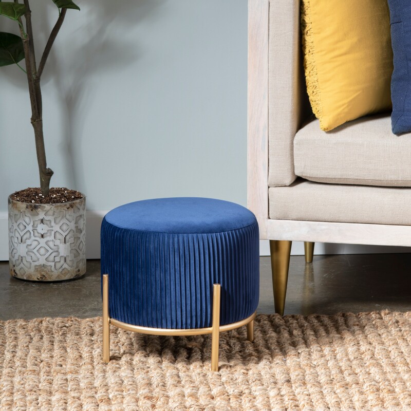 Marley Round Navy Blue Velvet Foot Stool Ottoman EVFZR3314BU