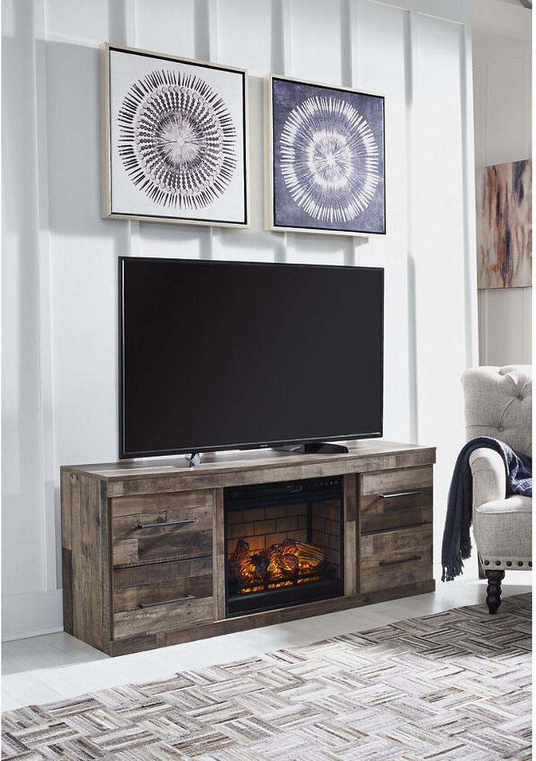 Derekson Rustic Multi Gray Small TV Stand with Electric Fireplace EW0200W7