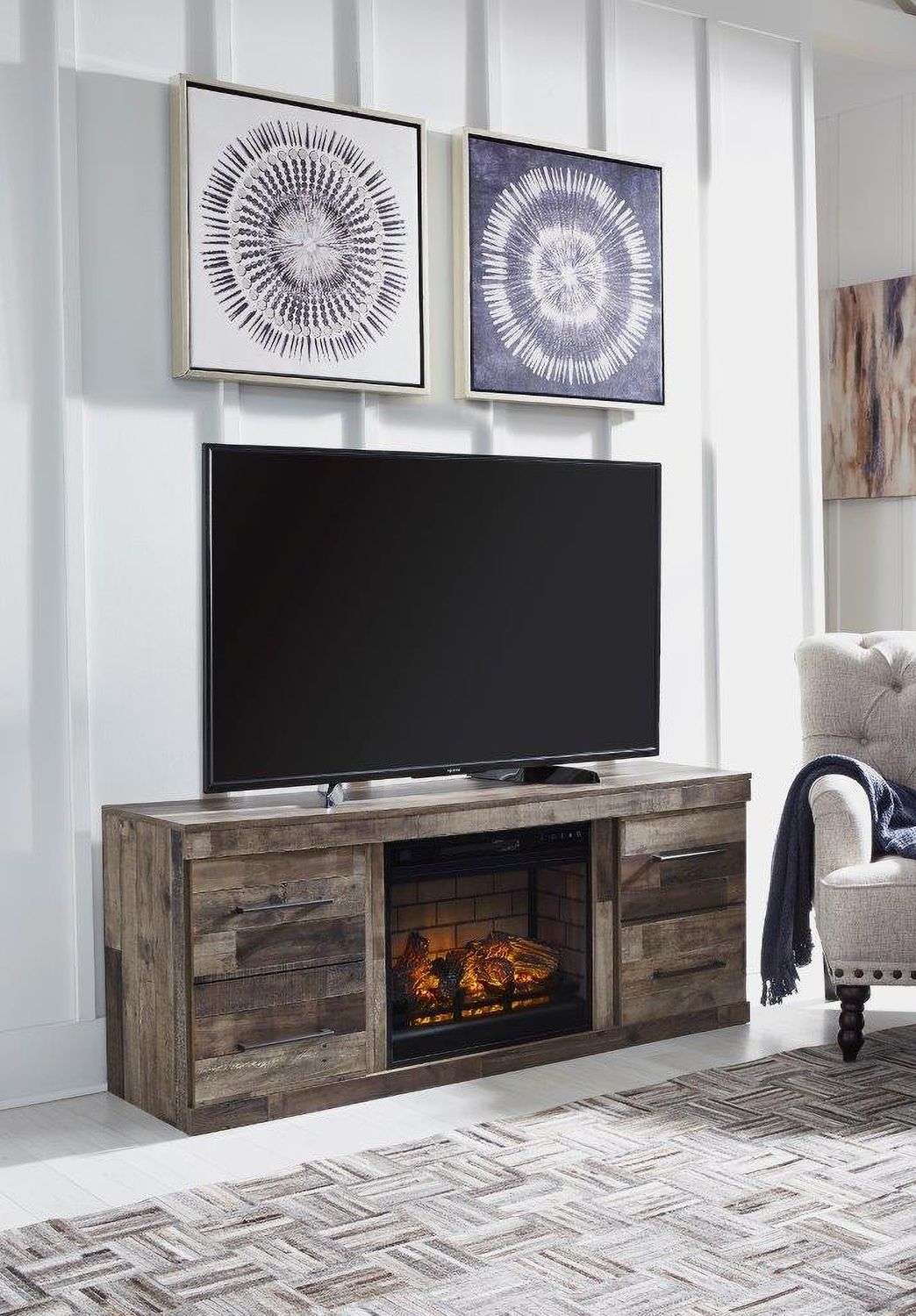 Derekson Rustic Multi Gray Small 4 Piece Entertainment Wall with Electric Fireplace EW0200W8