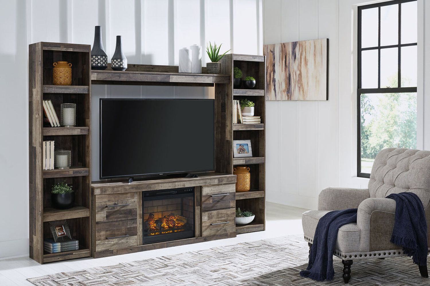 Derekson Rustic Multi Gray Small 4 Piece Entertainment Wall with Electric Fireplace EW0200W8