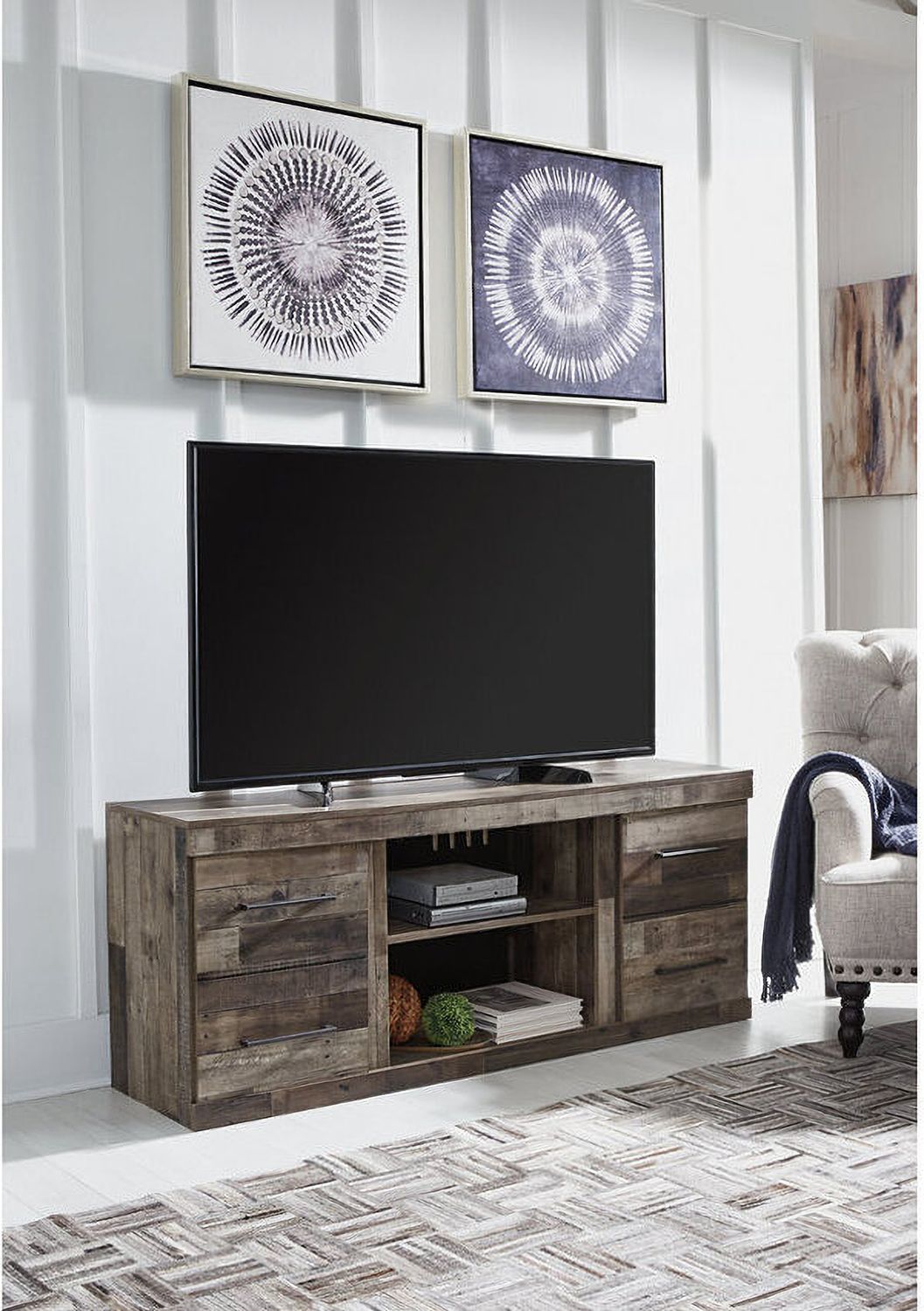 Derekson Rustic Multi Gray Small 4 Piece Entertainment Wall with Electric Fireplace EW0200W8