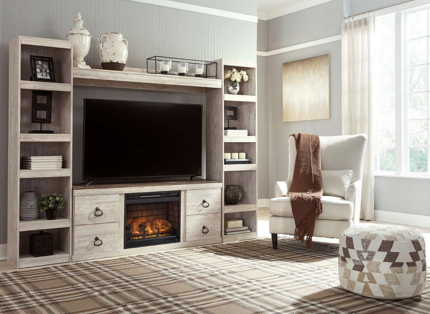 Willowton Whitewash 60 Inch TV Stand with Electric Fireplace EW0267W8