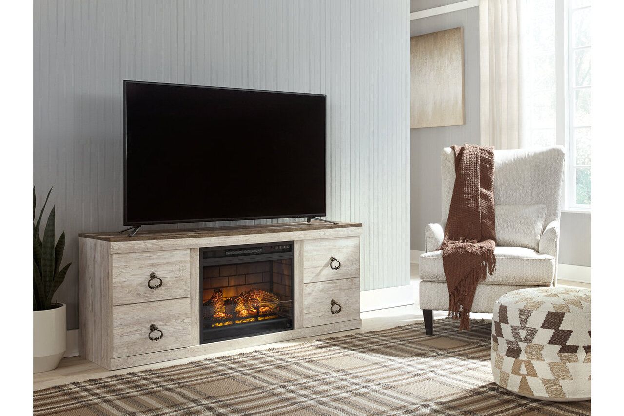 Willowton Whitewash 60 Inch TV Stand with Electric Fireplace EW0267W8